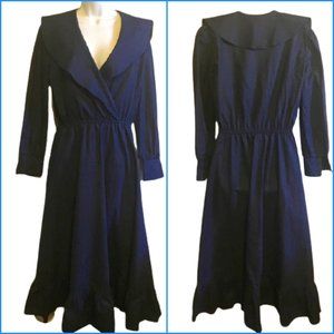 Panhandle Slim Dress Navy Cotton Maxi Vintage Prairie Western Ruffle Hem 14